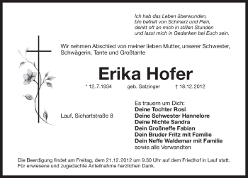 Traueranzeige von Erika Hofer von Pegnitz-Zeitung